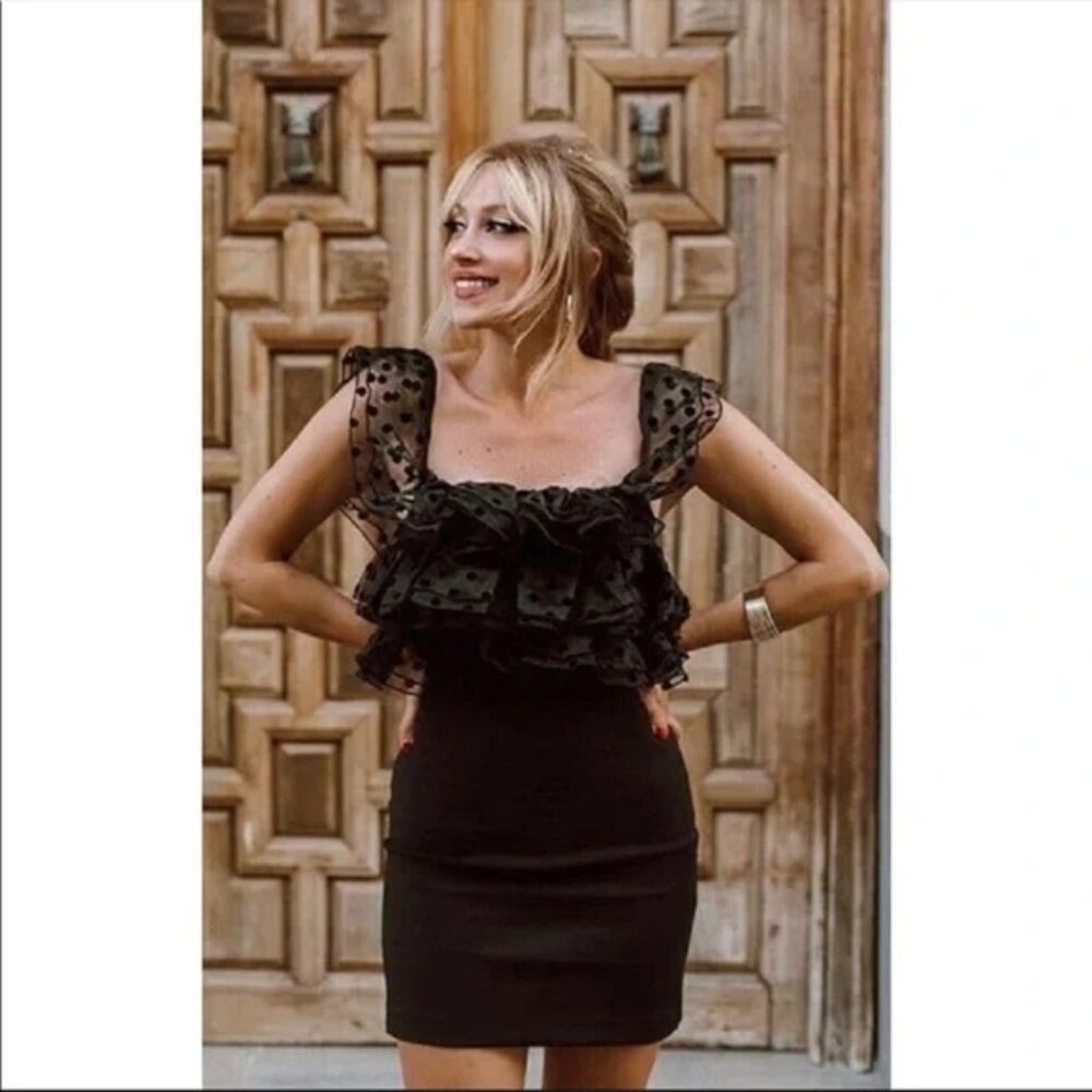 Zara Layered Polka Dot Taffeta Ruffle Puff Sleeve Off Shoulder Mini Dress